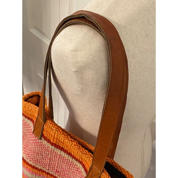 JENNY KRAUSS Wool Knit Shoulder TOTE Beach Book Bag BOHO Pink Orange Red Striped - Picture 6 of 7
